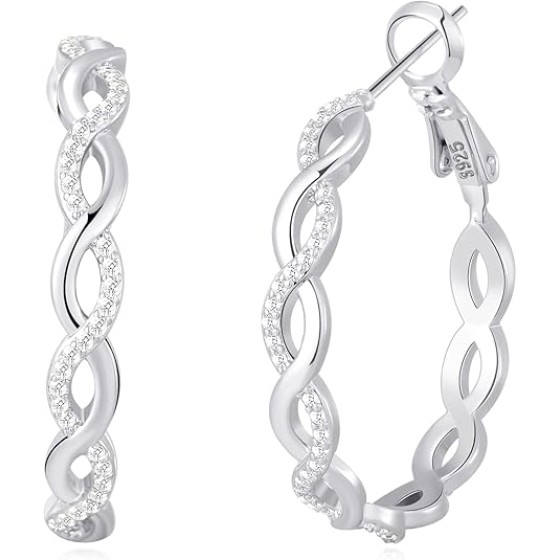 925 Sterling Silver Earrings Hoops for Women Lightweight Twisted Hoop Earrings With Cubic Zirconia Hypoallergenic Hoops Earrings (20/30/40/50/60MM)