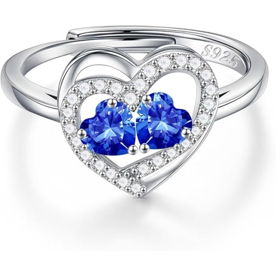 Iefil Adjustable Ring for Women - 925 Sterling Silver Double Birthstone Rings, Anniversary Birthday Gifts for Women Wife Her