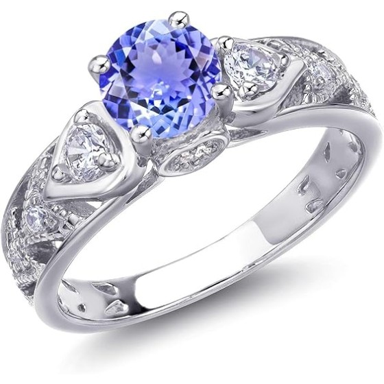 Gem Stone King 2.16 Cttw Blue Tanzanite Engagement Ring For Women | 925 Sterling Silver | Round Cut 6MM | Gemstone Birthstone