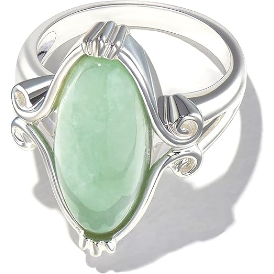 925 Sterling Silver Rhodium or 18K Yellow Gold Plated Genuine Green Jade Rings for Women - Hypoallergenic Vintage Celtic Oval Jade Stone Statement Rings Scrollwork Setting, Size 5-9