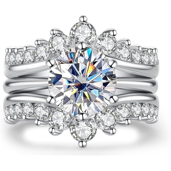 Round/Oval/Cushion Cut Moissanite Engagement Rings Bridal Set 4.52cttw(3CT Center Stone) D Color VVS1 925 Sterling Silver 3-in-1 Wedding Promise Ring for Women with Certificate