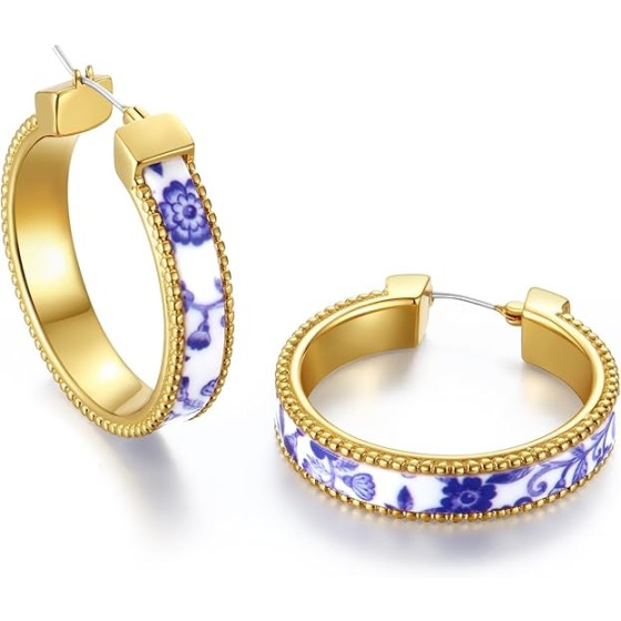 Chunky Blue and White Porcelain Hoop Earrings for Women – Hand-Painted Statement Earrings with 18K Gold Frame, Artistic Vintage Jewelry, Luxury Gift