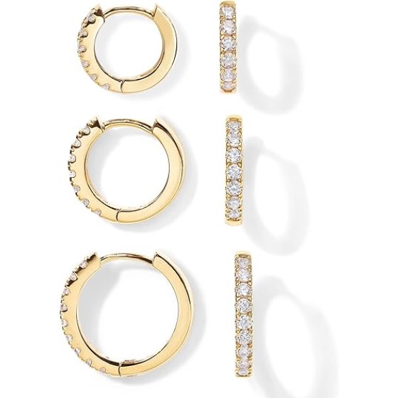 18K Gold Plated 925 Sterling Silver Posts 3 Pairs Hoop Earrings Set for Women | Huggie Earring Pack