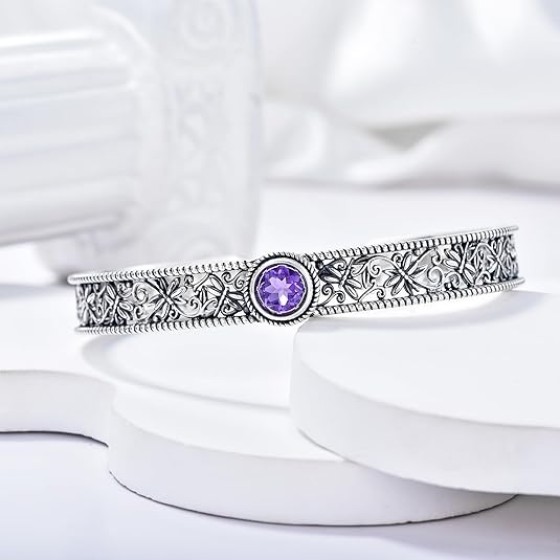 Vintage Dragonfly Filigree Cuff Bracelet, 925 Sterling Silver Adjustable Natural Gemstone Bangle, Boho Insect Jewelry Gift for Women