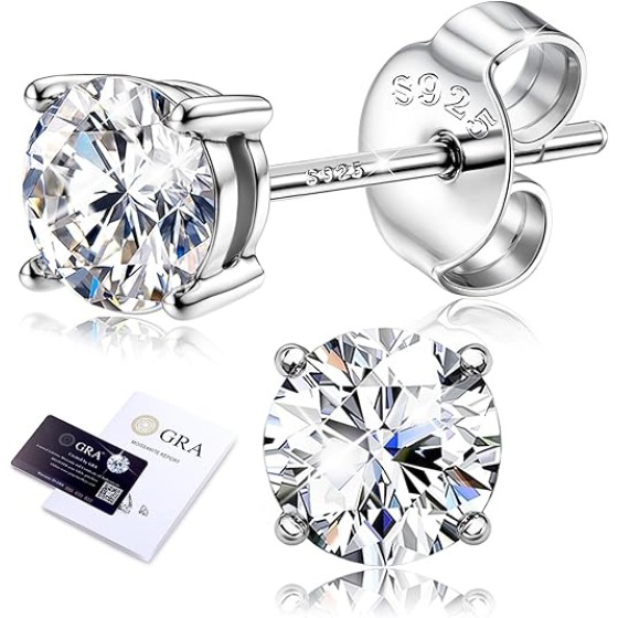 Moissanite Stud Earrings 18K White Gold Plated Brilliant Round Cut Solid 925 Sterling Silver Hypoallergenic Dainty Moissanite Jewelry for Sensitive Ear D Color VVS1 Clarity for Women Men 0.8CT-3CT